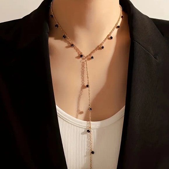 NWOT Gold Black Beaded Lariat Necklace - Picture 3 of 4